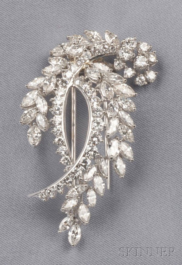 Platinum and Diamond Double Leaf Brooch, set throu: Platinum and Diamond Double Leaf Brooch, set throughout with marquise and full-cut diamonds, approx. total wt. 6.86 cts., lg. 2 in. Note: Consigned by a Wellesley Hills family along with lots 494, 501