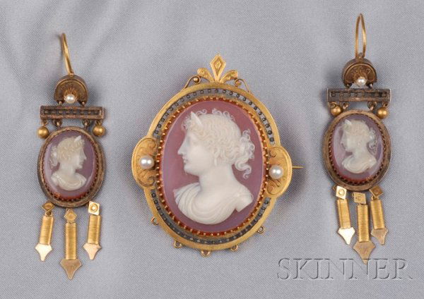 Antique Hardstone Cameo and Pearl Suite, the brooc: Antique Hardstone Cameo and Pearl Suite, the brooch set with a cameo of a classical maiden with upswept hair and diadem, the frame with beaded accents, engraved highlights, earpendants en suite, lg. 2