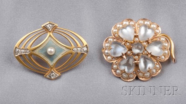 Two Antique 14kt Gold Gem-set Brooches, a four-lea: Two Antique 14kt Gold Gem-set Brooches, a four-leaf clover set with heart-shaped cabochon moonstones, and an Art Nouveau pin with guilloche enamel and diamond melee highlights, both with seed pearl ac