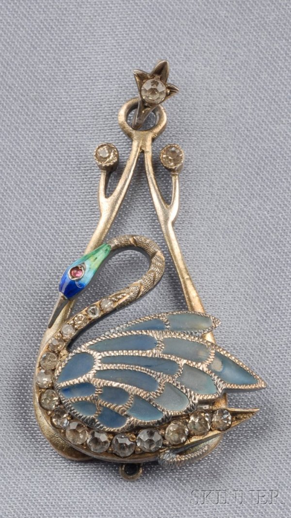 Art Nouveau Plique-a-jour Enamel and Freshwater Pe: Art Nouveau Plique-a-jour Enamel and Freshwater Pearl Pendant, with paste accents, silver-gilt mount, lg. 2 1/8 in.