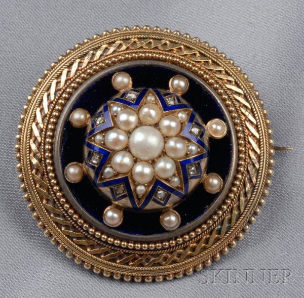 Antique 14kt Gold, Enamel, and Seed Pearl Brooch,: Antique 14kt Gold, Enamel, and Seed Pearl Brooch, the domed boss centering a seed pearl star motif highlighted by rose-cut diamonds, framed by applied bead and wirework, verso with locket compartment,