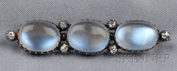 Antique 14kt Gold, Moonstone, and Diamond Brooch,: Antique 14kt Gold, Moonstone, and Diamond Brooch, the three moonstone cabochons interspersed with old mine-cut diamond accents, lg. 1 7/8 in.