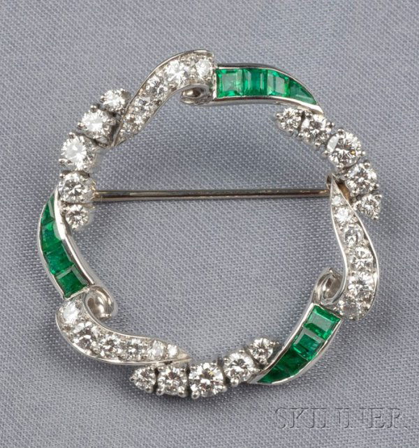 Platinum, Emerald, and Diamond Circle Brooch, McTe: Platinum, Emerald, and Diamond Circle Brooch, McTeigue, bead and prong-set with circular-cut diamonds and step-cut emeralds, approx. total diamond wt. 1.56 cts., dia. 1 1/4 in., maker's mark, boxed.