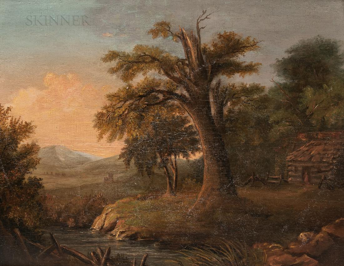 Chester Harding (American, 1792-1866): Chester Harding (American, 1792-1866) Rural Landscape with Cabin and Stream Signed and inscribed "Painted by/Chester Harding/1840/Watertown, Mass" in ink on the reverse. Oil on panel, 10 1/4 x 13