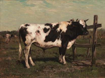 William Henry Howe (American, 1846-1929): William Henry Howe (American, 1846-1929) Bull in a Pasture Signed and dated "William H. Howe. 91" l.l., inscribed "#62 Bull" on the reverse. Oil on panel, 12 x 16 in. (31.0 x 40.5 cm), framed.