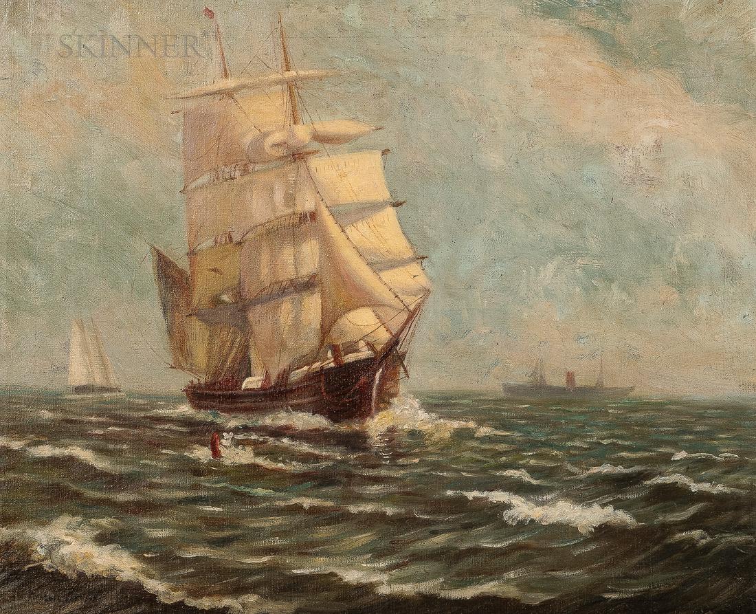 Marshall Johnson Jr. (American, 1850-1921): Marshall Johnson Jr. (American, 1850-1921) Sailing Vessel Passing a Buoy Signed or inscribed "MARSHAL[sic].JOHNSON" l.l. Oil on canvas, 22 x 27 in. (56.0 x 68.5 cm), framed. Con