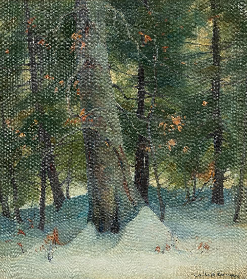 Emile Albert Gruppé (American, 1896-1978): Emile Albert Gruppe (American, 1896-1978) Wood Interior Signed "Emile A. Gruppe" l.r., titled in an inscription on the stretcher. Oil on canvas, 20 x 18 in. (50.8 x 45.7 cm), framed.