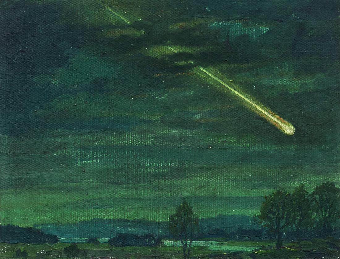Benson Bond Moore (American, 1882-1974): Benson Bond Moore (American, 1882-1974) A Falling Meteorite Unsigned, attributed and titled on a typed and photocopied note with handwritten corrections affixed to the frame backing.<