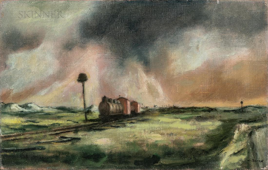 Alexander Brook (American, 1898-1980): Alexander Brook (American, 1898-1980) Promised Land Signed "A. Brook" l.r., titled in an inscription on the stretcher. Oil on canvas, 12 x 19 in. (30.5 x 48.2 cm), framed. Condi