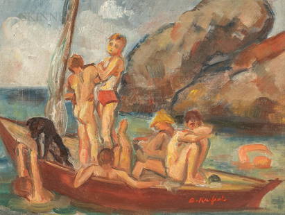 Bernard Karfiol (American, 1886-1952): Bernard Karfiol (American, 1886-1952) Sketch for Boys in Boat (Ogunquit) Signed "B. Karfiol" l.r., titled in an inscription on the reverse, dated "c. 1949" on a label from The Downtow