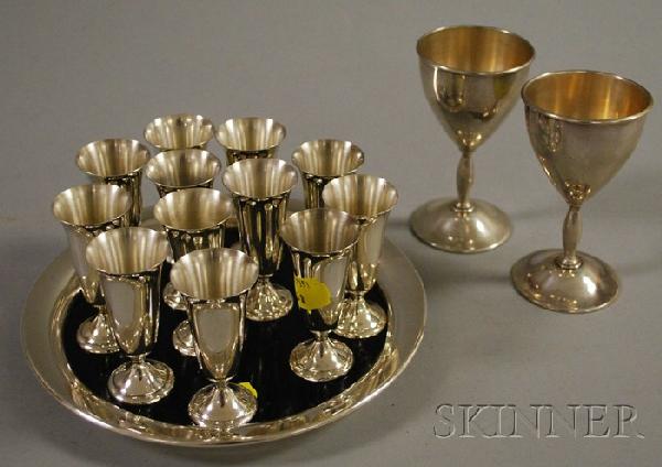 Group of Sterling Wine Related Items, a set of tw: Group of Sterling Wine Related Items, a set of twelve Alvin sterling cordials, a pair of Webster wine glasses, and a Webster sterling cased tray, approx. 9 troy oz.