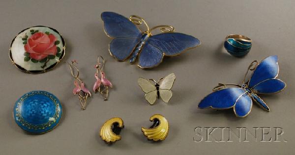 Group of Mostly Norwegian Guilloche Enamel and Ste: Group of Mostly Norwegian Guilloche Enamel and Sterling Silver Jewelry, including an Aksel Holmsen cobalt blue butterfly brooch, a Marius Hammer periwinkle butterfly brooch, a small O.F. Hjortdahl whi