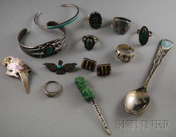 Group of Mostly Sterling Silver and Hardstone Jewe: Group of Mostly Sterling Silver and Hardstone Jewelry Items, including two silver and turquoise cuff bracelets, a vintage sterling silver and abalone Taxco parrot brooch, several silver and hardstone 