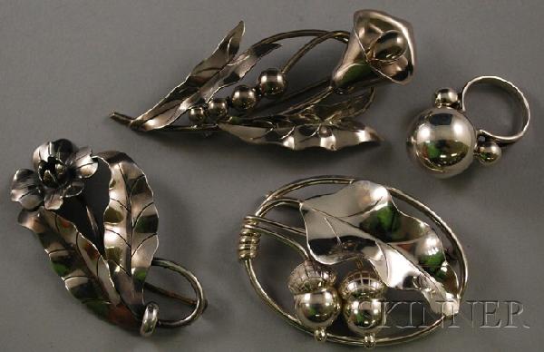 Three Georg Jensen LaPaglia Sterling Silver Botani: Three Georg Jensen LaPaglia Sterling Silver Botanical Brooches, together with an additional sterling silver ring.