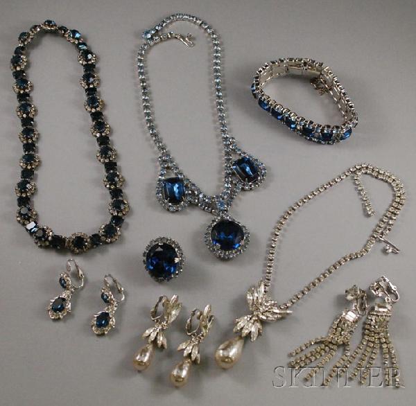 Small Group of Rhinestone and Paste Costume Jewelr: Small Group of Rhinestone and Paste Costume Jewelry, a baroque pearl and rhinestone necklace and matching earclips, a necklace, bracelet, and single earclip suite, and an additional necklace and two p