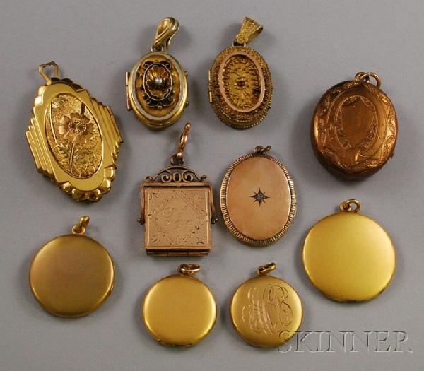 Ten Antique Gold and Gold-tone Lockets, including : Ten Antique Gold and Gold-tone Lockets, including gem-set and engraved examples, and one with a small magnifying glass inside.