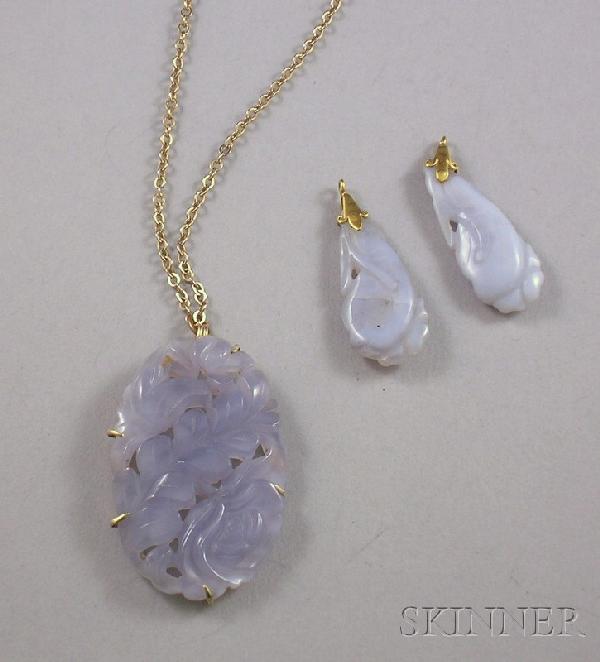 Carved Lavender Chalcedony Pendant and Similar Lav: Carved Lavender Chalcedony Pendant and Similar Lavender Jade Earrings, pendant lg. 1 5/8 in.