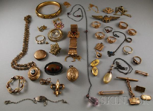 Group of Victorian Mostly Gold and Gold-filled Jew: Group of Victorian Mostly Gold and Gold-filled Jewelry, including a 10kt gold and pearl ring, a 10kt gold locket, a gold-filled gem-set slide bracelet, rings, brooches, and other items.
