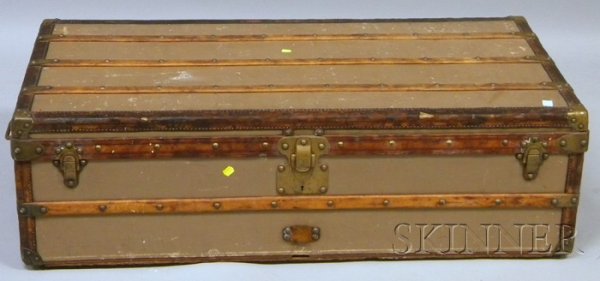 Late 19th/Early 20th Century Louis Vuitton Metal-: Late 19th/Early 20th Century Louis Vuitton Metal- and Wood-mounted Steamer Trunk, lg. 43 1/2, wd. 21 1/2, ht. 12 3/4 in.