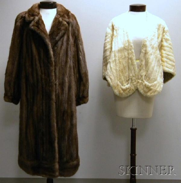 Two Mink Fur Items, a white mink stole, Saks Fifth: Two Mink Fur Items, a white mink stole, Saks Fifth Avenue, and a brown full-length mink coat, Ludwig of Boston, approx. size medium.