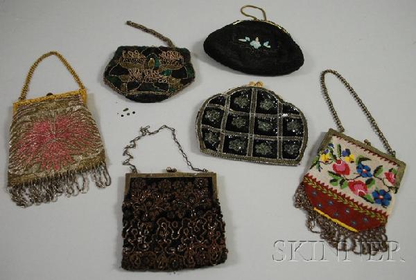 Six Vintage European Beaded Handbags, three French: Six Vintage European Beaded Handbags, three French and two with German silver frames.