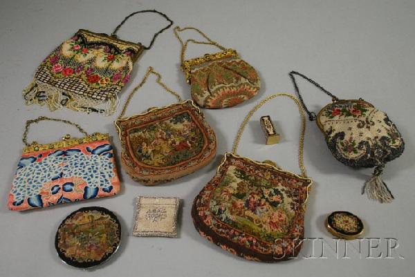 Group of Vintage Embroidered and Beaded Evening Ba: Group of Vintage Embroidered and Beaded Evening Bags and Lady's Accessories, including two French embroidered purses with seed pearl-set frames, an embroidered makeup set, and a small beaded coin purs