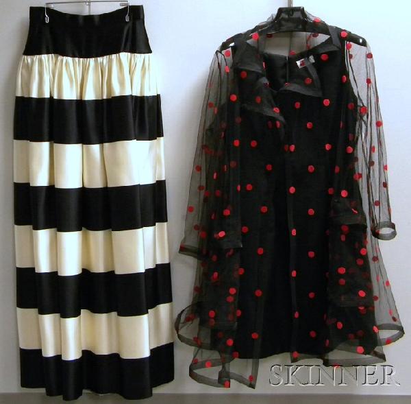 Two Bill Blass Garments, a little black dress with: Two Bill Blass Garments, a little black dress with red polka-dotted black mesh jacket, size 8, and a black-and-cream striped full skirt, size medium.
