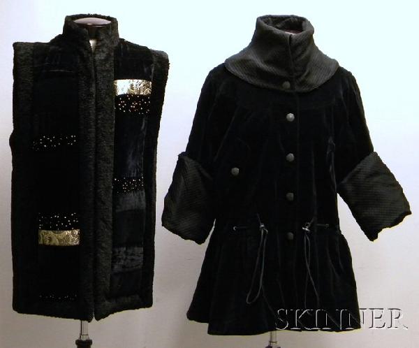 Two Lady's Black European Outerwear Items, a beade: Two Lady's Black European Outerwear Items, a beaded faux fur-lined vest, Catherine Vernoux, Paris, and a drawstring-waist coat, Complice, Italy, approx. size medium/large.