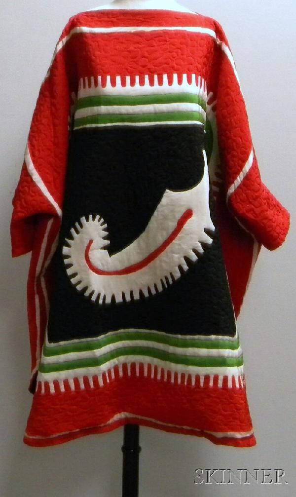 Vintage Circa 1970s Michaele Vollbrach Quilted Kim: Vintage Circa 1970s Michaele Vollbrach Quilted Kimono-style Tunic, featuring an abstract pattern in red, green, white, and black, size 10, (some minor staining).