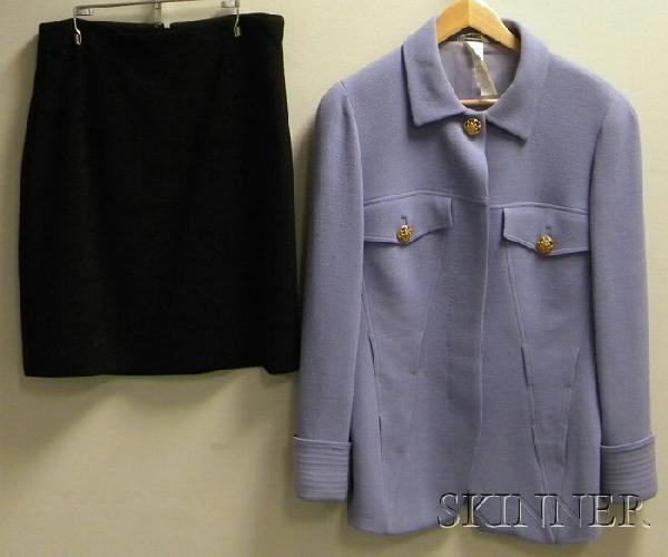 Two Woman's Gianni Versace Wool Items, a periwinkl: Two Woman's Gianni Versace Wool Items, a periwinkle jacket, size medium/large, and a black miniskirt, size 10.
