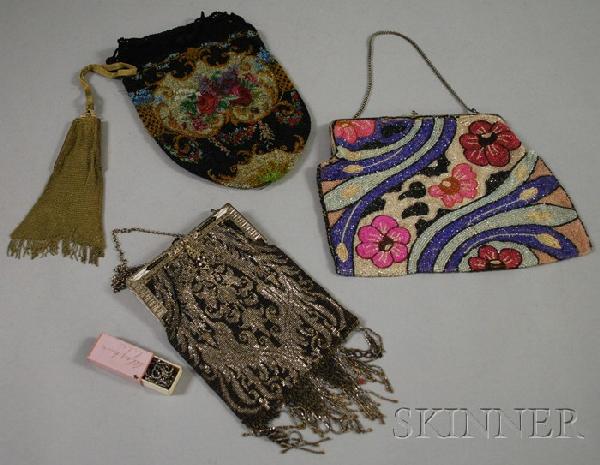 Four Vintage Beaded and Mesh Evening Bags, includi: Four Vintage Beaded and Mesh Evening Bags, including a small Whiting & Davis metal mesh bag and a metallic beaded bag with enamel-decorated frame.