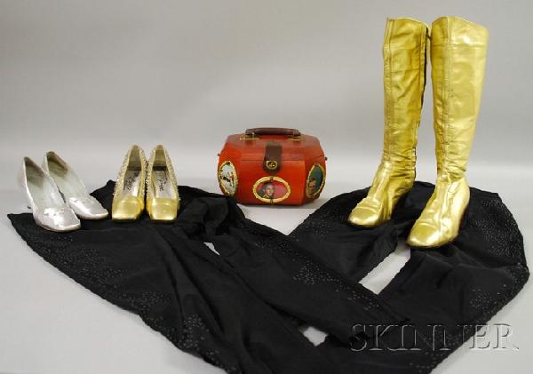 Group of Lady's Shoes and Accessories, three pair: Group of Lady's Shoes and Accessories, three pairs of Albanese Roma metallic leather shoes and boots, size 7, two pairs of beaded black leggings, and a vintage wooden purse.