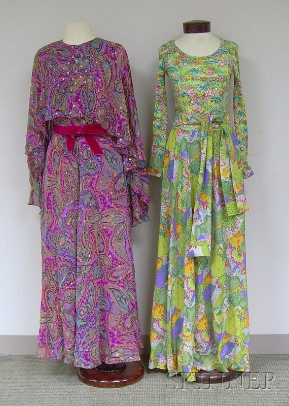 Two Vintage Printed Items, a paisley-print jumpsu: Two Vintage Printed Items, a paisley-print jumpsuit, Oscar de la Renta Boutique for Stuarts Inc., Boston, and a green floral dress, Vera Maxwell.
