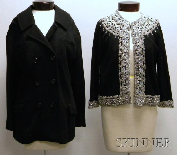 Two Lady's Clothing Items, an Elizabeth Arden bead: Two Lady's Clothing Items, an Elizabeth Arden beaded cardigan, and a Geist and Geist for Filene's wool coat, size small/medium.