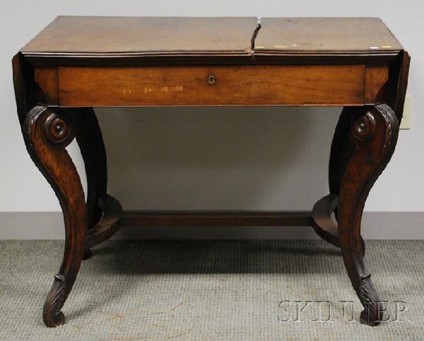 Italian Neoclassical Carved Mahogany Drop-leaf Sof: Italian Neoclassical Carved Mahogany Drop-leaf Sofa Table with Long Drawer, (top split, finish wear, stains, scratches, crack related losses, stretcher unglued at legs), ht. 30 1/2, lg. 39 1/2, leaf w