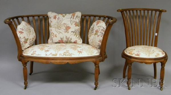 Upholstered Birch Spindle Barrel-back Settee and S: Upholstered Birch Spindle Barrel-back Settee and Side Chair.