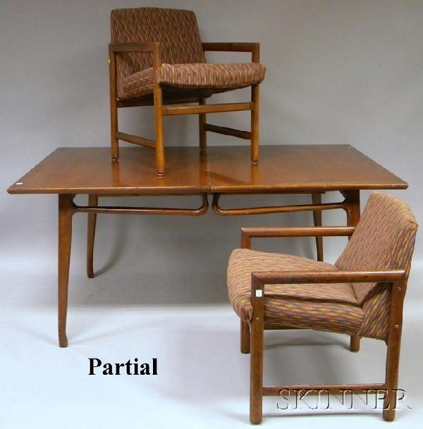 Modern Walnut Dining Table with a Set of Six Moder: Modern Walnut Dining Table with a Set of Six Modern Upholstered Teakwood Armchairs, the table with two leaves.