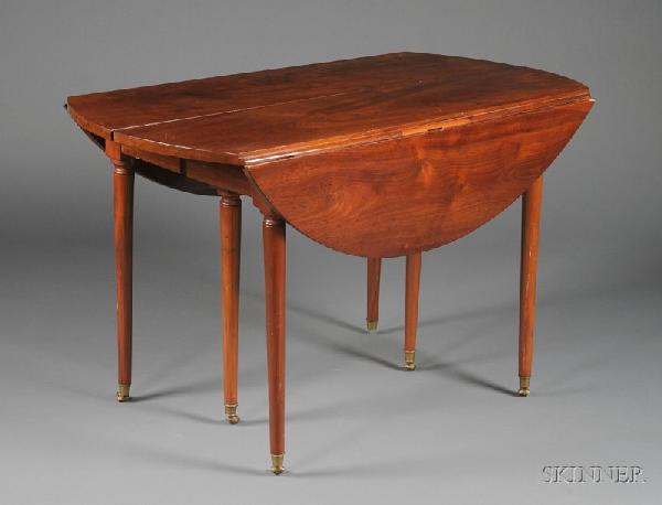 Directoire Mahogany Extension Dining Table, c. 180: Directoire Mahogany Extension Dining Table, c. 1800, with D-shaped drop leaves and split center section, on turned and tapered legs, on casters, (lacking leaves), ht. 28, lg. 56, wd. 45 in.