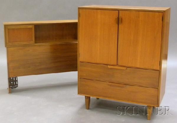 Five Pieces of Dunbar Modern Walnut Bedroom Furnit: Five Pieces of Dunbar Modern Walnut Bedroom Furniture, two chests of drawers, two night tables and a headboard, the headboard wd. 56 3/4; chests ht. 35 3/4, 46, wd. 71, 36; dp. 18 1/2, 18 1/2 in.