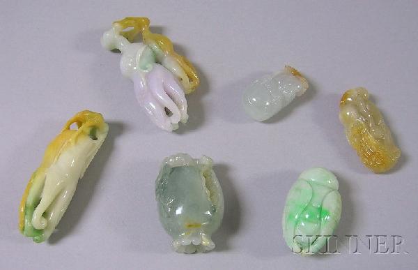 Six Asian Carved Stone Items, a green fat man figu: Six Asian Carved Stone Items, a green fat man figure with hat, a white, green, and brown pendant, a green and white insect, a white and brown carved venerable man with staff, a brown, green, and white