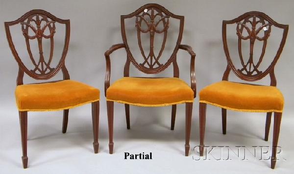 Set of Six Hepplewhite-style Upholstered Carved M: Set of Six Hepplewhite-style Upholstered Carved Maple Shield-back Dining Chairs.
