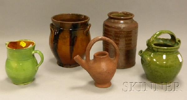 Group of Assorted Earthenware, a glazed redware j: Group of Assorted Earthenware, a glazed redware jar, glazed stoneware crock, two glazed pottery jugs, and an unglazed terra-cotta jug.