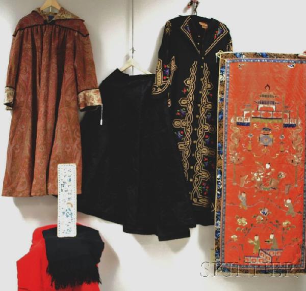 Group of Late 19th/Early 20th Century Textiles an: Group of Late 19th/Early 20th Century Textiles and Clothing Items, a pair of wool blankets, two Asian silk embroidered panels, an Edwardian embroidered robe, brocade skirt, fringed shawl, and a machin