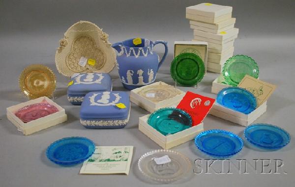 Fourteen Pressed Glass Collector's Cup Plates, Th: Fourteen Pressed Glass Collector's Cup Plates, Three Wedgwood Solid Light Blue Jasper Items, and a Belleek Porcelain Basket.