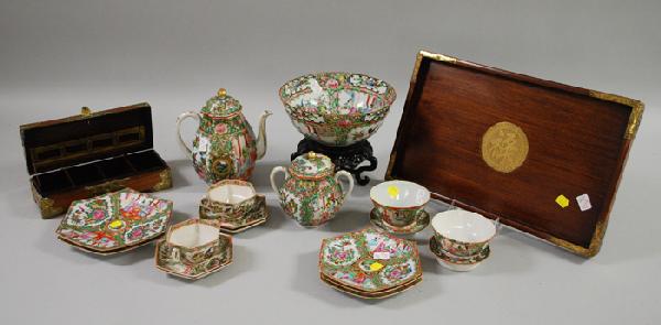 Eighteen Pieces of Chinese Export Porcelain Rose : Eighteen Pieces of Chinese Export Porcelain Rose Medallion Tea and Tableware with an Asian Brass-mounted Wooden Box and Tray.