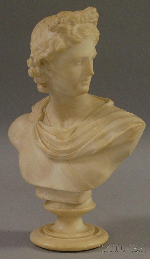 Carved Alabaster Bust of Apollo, ht. 14 in.: Carved Alabaster Bust of Apollo, ht. 14 in.