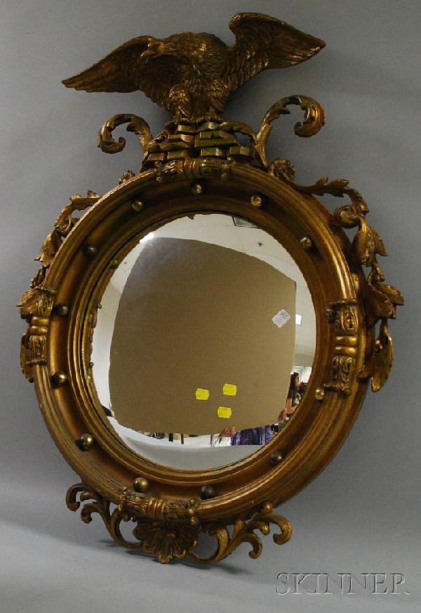 Federal-style Gilt-gesso and Wood Convex Girandol: Federal-style Gilt-gesso and Wood Convex Girandole Mirror with Eagle Crest, lg. 36 1/2, wd. 28 1/2 in.