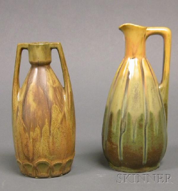 Denbac Pottery Attributed Vase and Pitcher, doubl: Denbac Pottery Attributed Vase and Pitcher, double-handled vase in a brown drip, impressed "433" on base; and a melon and green drip glaze pitcher with ribbed body marked "60" on base, ht. 7 7/8, 8 1/