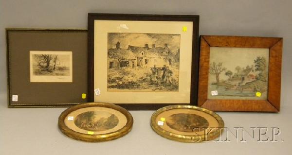 Five Assorted Framed Items, a pair of giltwood ov: Five Assorted Framed Items, a pair of giltwood oval prints, a bird's-eye maple veneer needlepoint landscape, a landscape etching, and a landscape print.