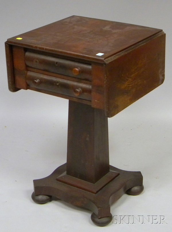Empire Mahogany and Mahogany Veneer Drop-leaf Two: Empire Mahogany and Mahogany Veneer Drop-leaf Two-Drawer Pedestal-base Work Table.